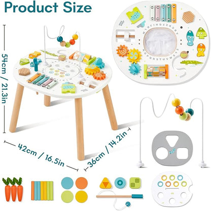 Giant bean® Wooden Activity Table for 1 Year Old, 11-in-1 Montessori Learning Table with Bead Maze, Shape Sorter, Fishing Game & More – Sensory Development Toy for Toddlers, Ideal 1st Birthday Gift