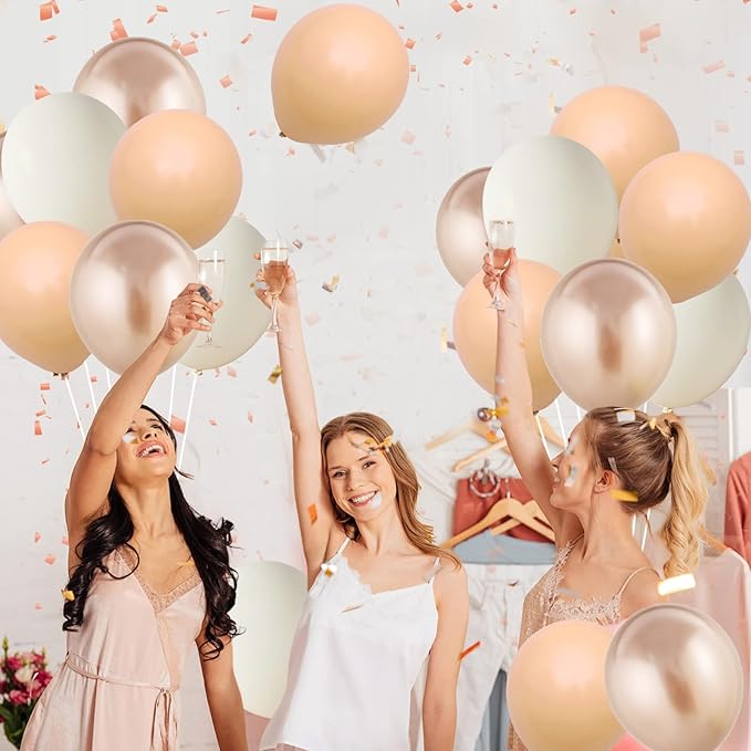 FEYG 50PCS Beige Balloons, 12 Inch, Cream, Nude, Sand, White, Metallic Gold, with Ribbons for Baby Shower, Birthday, Theme Party Decorations