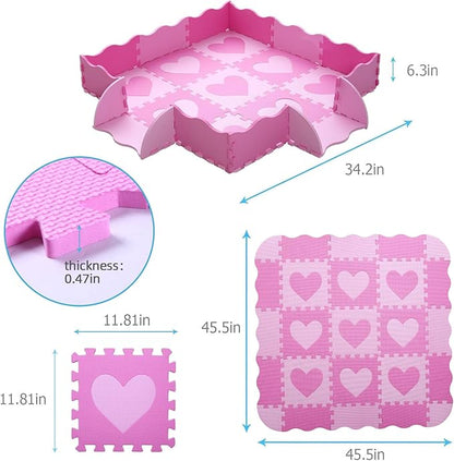 Foam Play Mat for Kids, 25pcs Square Interlocking Puzzle Floor Mat, Baby Toddler Playmat with Fence - Pink Heart