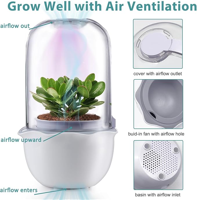 Venus Fly Trap Pot,Smart Planter with Timer and Fan,Small Terrarium Kit with Light and Drainage Hole for Carnivorous Plant,Succulent,Sundew Moss,Cactus,Pitcher(No Plant)