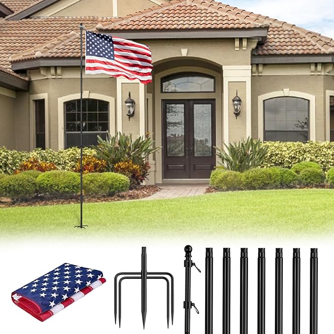 ZMTECH 10 FT Flag Pole with American Flag in Ground, Extra Thick Flag Pole Kit for Yard,Windproof Ground Flag Poles for Outside House Residential or Commercial（1 PACK）