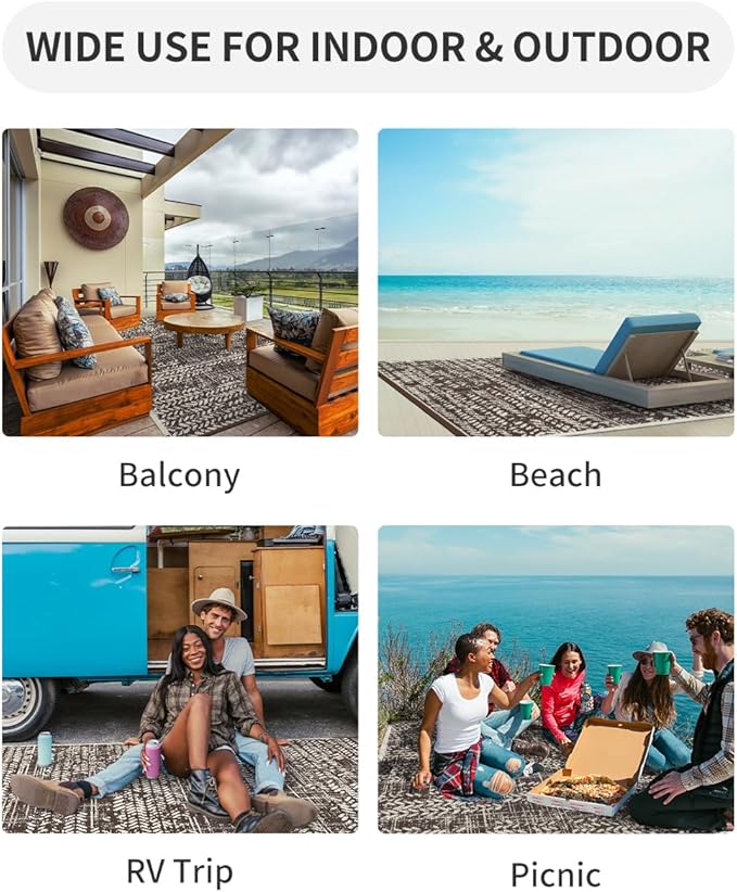 MontVoo Outdoor Rug Waterproof-Patio Rug Mat 5x8 Outdoor Carpet Reversible RV Camping Picnic Plastic Straw Rug Outside Outdoor Area Rug for Balcony Deck Backyard Patio Decor Boho Modern-Brown