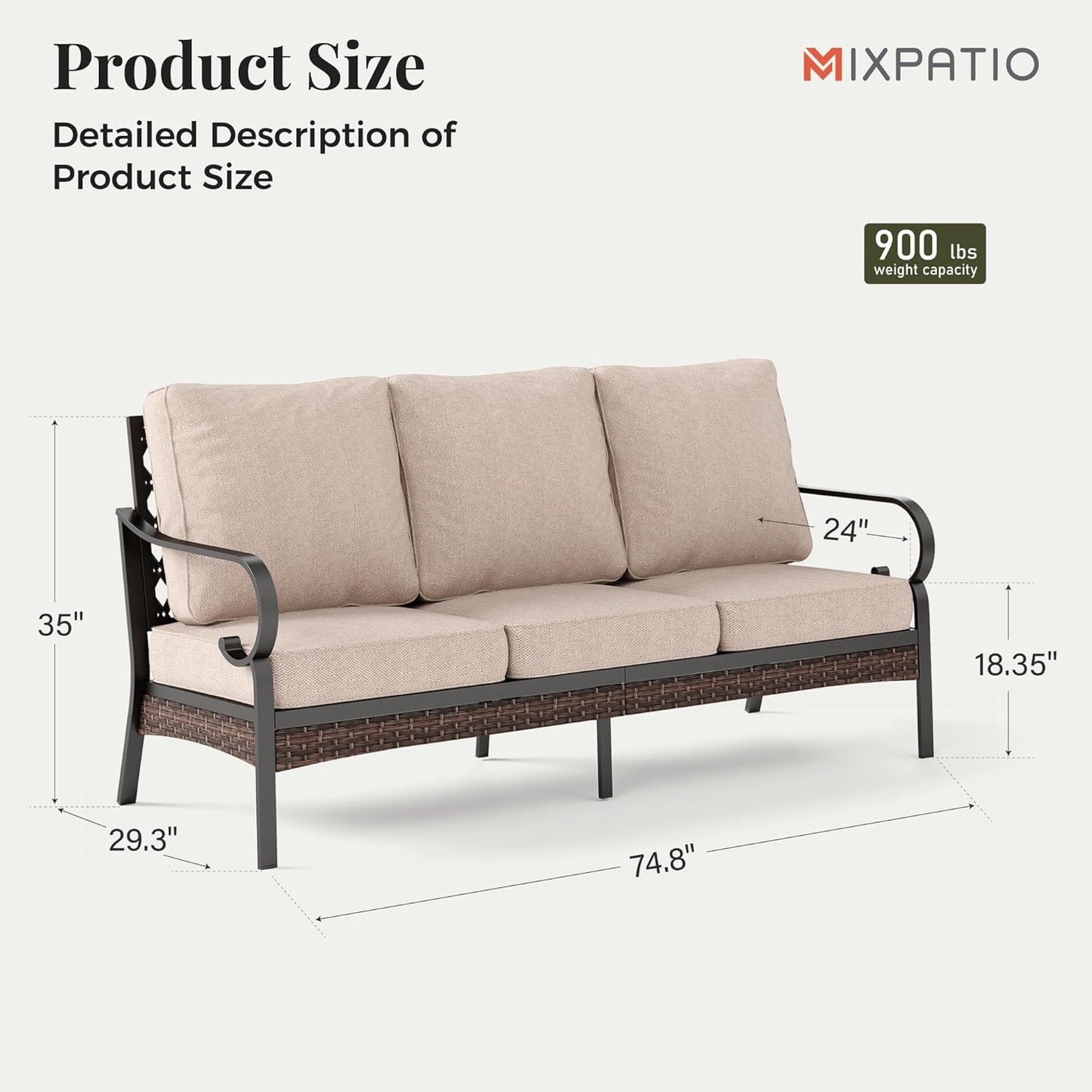 Patio Furniture Sofa, 3-Seat Patio Sofa Steel Frame Outdoor Sectional Couch with Deep Seating and 5.75” Cushions for Lawn Backyard Porch Deck, Beige