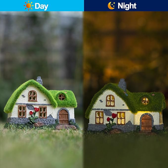 Solar Fairy House Garden Statue with Flocked Decor - Outdoor Garden Cottage Figurine with Lights, Figurine for Outdoor Patio Lawn Porch Garden Decorations