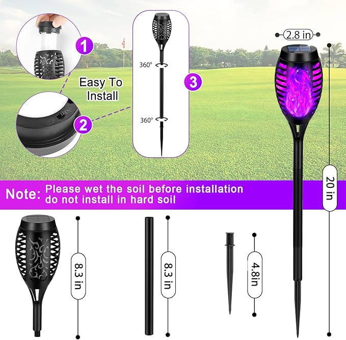 Solar Lights Outdoor Waterproof Purple, Upgraded 6 Pack Solar Tiki Torches with Flickering Flame for Garden Decor, Solar Outdoor Landscape Lights for Porch Yard Pathway Halloween Decorations