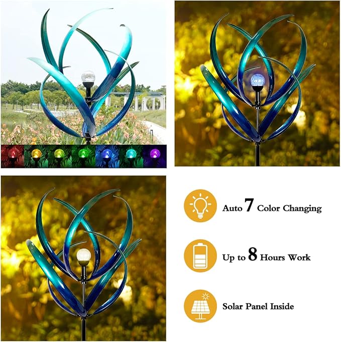 82 inch Wind Spinners Outdoor - Extra Large Outdoor Metal Wind Sculptures Spinners with Solar Light, Windmills for The Yard Garden, Yard Art Garden Lawn Decor - Peacock Blue