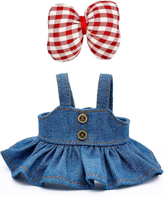 Doll Clothes Compatible with Labubu 17cm Cute Style Doll Outfit 2 Piece Set Including a Denim Dress and Red Bow - Dolls Skirt Accessories - No Doll (Blue)