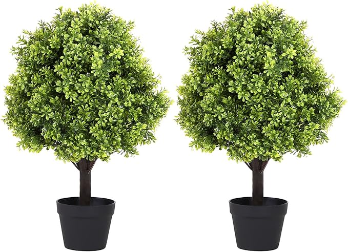 27“ Realistic Artificial Boxwood Topiary Trees Set of 2, Faux Boxwood Plants Outdoor UV-Resistant, No Maintenance Curb Appeal Fake Evergreen Bushes & Shrubs for Front Porch Outside Planter Decor