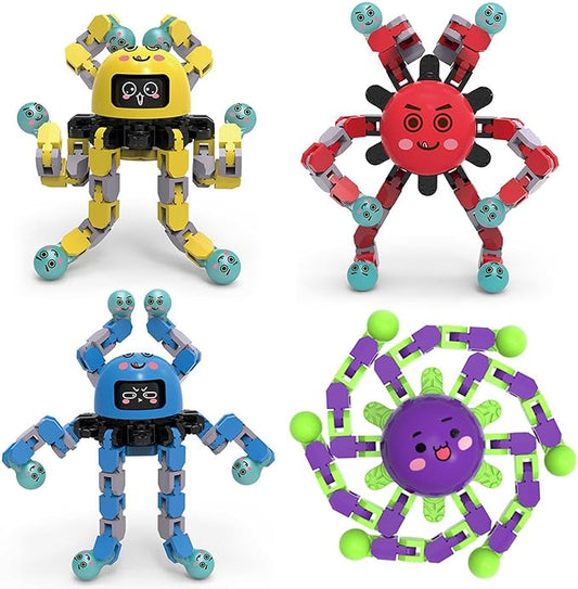 4Pcs Transformable Fidget Spinners for Kids Sensory Fidget Toys Teens Quiet Airplane Road Trip Travel Activities Essential Stocking Stuffers Bulk Gifts for Boys Girls Toddlers Autism ADHD B