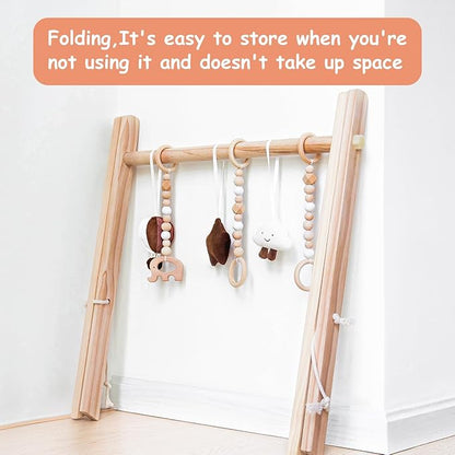 Razee Wooden Baby Play Gym Play Mat, Foldable Baby Gym with 6 Hanging Sensory Toys for Newborn Shower Gift