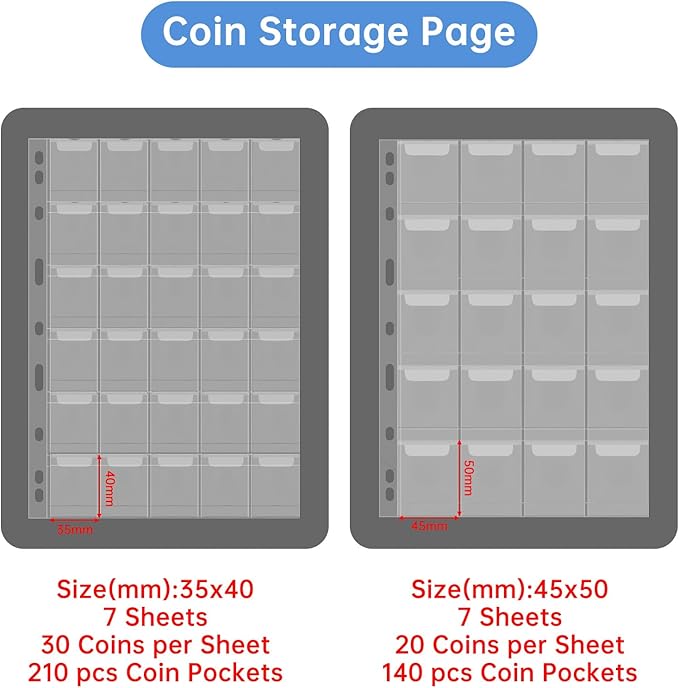 Coin Collection Album with Lock,350 Pockets Fireproof Hard Coin Collection Book&36 Sleeves Currency Collection Binder Storage for up to 45mm Coins(Quarter),Bill,Stamp,Postcard-Black