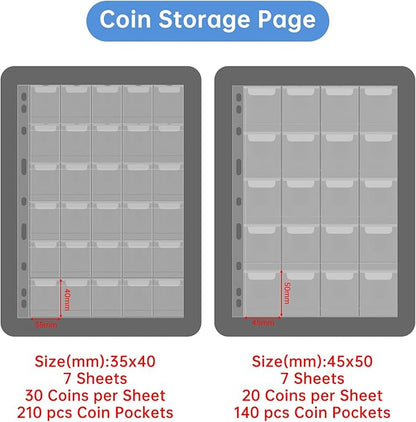 Coin Collection Album with Lock,350 Pockets Fireproof Hard Coin Collection Book&36 Sleeves Currency Collection Binder Storage for up to 45mm Coins(Quarter),Bill,Stamp,Postcard-Black