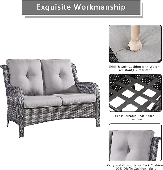 Outdoor Wicker Patio Furniture Set - 6 Piece Rattan Patio Conversation Set with 2 Rocking Swivel Chairs,2 Ottomans,1 Loveseat and 1 Side Table for Porch Deck Backyard Garden(Mixed Grey/Grey)