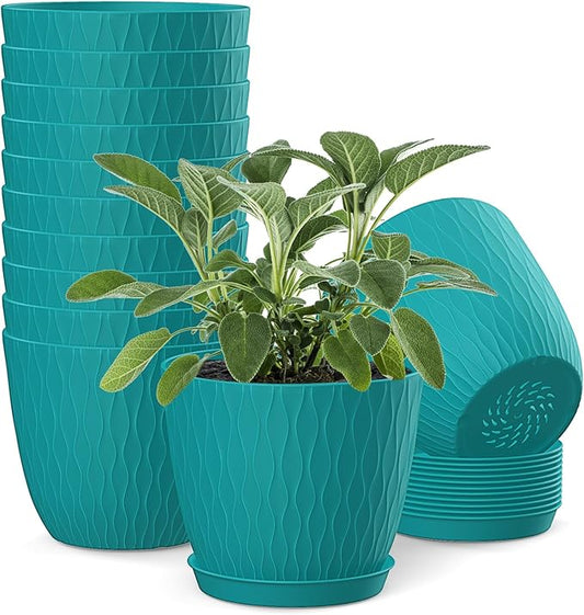 6 inch Plant pots, 12 Pack Modern Plastic Planters with Drainage Holes and Saucers for Repotting Indoor Plants and Flowers, Blue