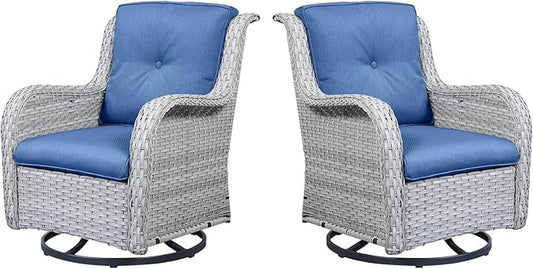 Outdoor Swivel Rcoker Patio Chairs - Outdoor Swivel Patio Chairs Set of 2 Wicker Chair Patio Furniture Sets with Covered Cushion for Porch Deck Balcony Garden, Blue Cushion