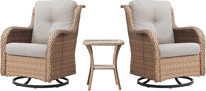 Outdoor Swivel Rocker Patio Chairs - 360 Degree Swivel Glider Seating 350LBS Weight Capacity 3 Piece Wicker Rocking Chairs Set with Side Table for Porch Balcony Deck, Yellow/Beige
