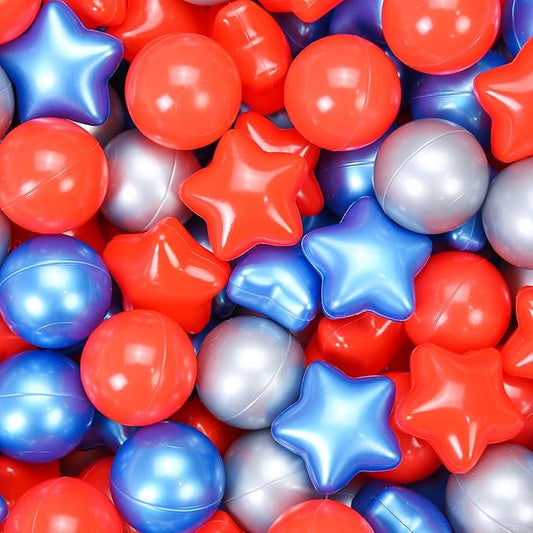 Ball Pit Balls Plastic Stars for Ball Pit BPA Free Plastic Balls Crush and Smash Proof Balls 100pcs 2.2" Set for Toddlers for Play Tent Tunnel (Red+Blue+Silver)