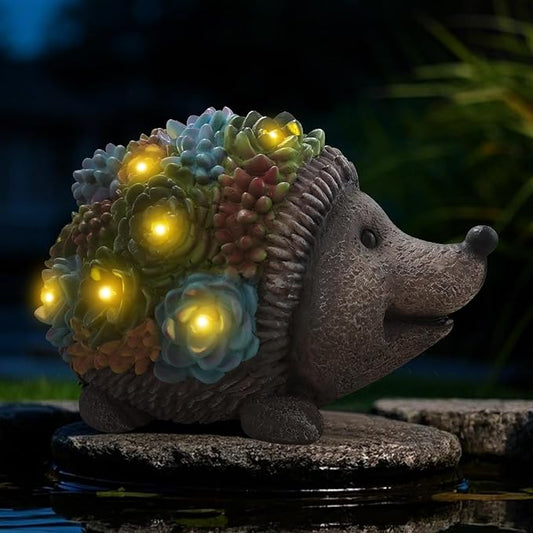 J.CARP Outdoor Solar Garden Hedgehog Statue with Succulents and 7 LED Lights, Decorations for Garden, Patio, Lawn, Outdoor Yard and Deck, Unique Housewarming Gifts