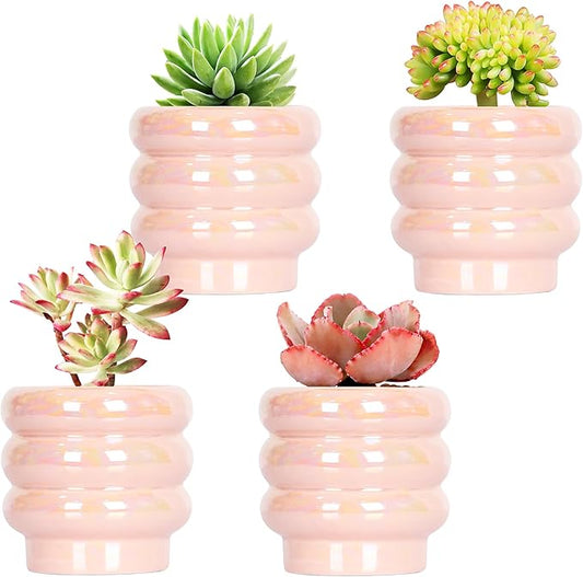 4.1 inch 4 pcs Ceramic Plant Pots for Indoor Plants, Rainbow Pearl Glaze Planter with Planters for Plants with Drainage Hole, Orchid Pots, Succulent Pot, Small Flower Pot (Pink)