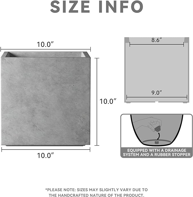 Kante 10 Inch Square Concrete Planter for Outdoor Indoor Home Patio Garden, Large Plant Pot with Drainage Hole and Rubber Plug, Natural Concrete
