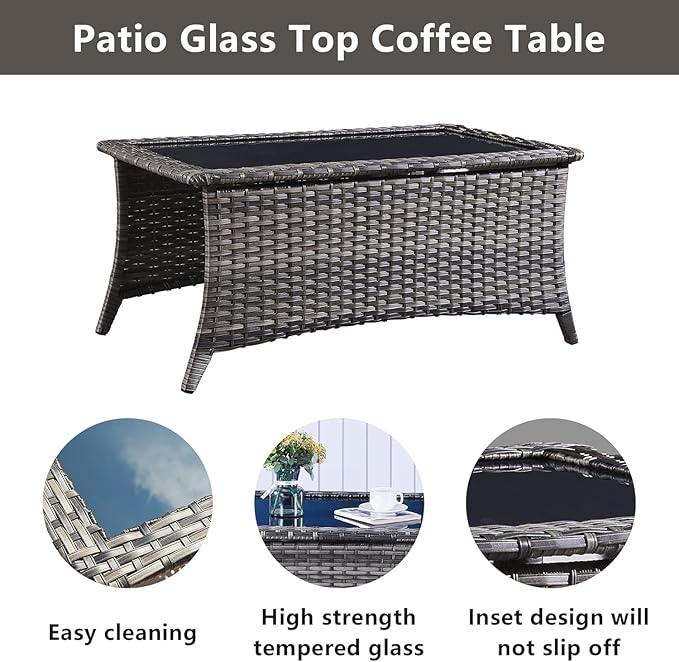 Wicker Patio Furniture Sets - 8 Piece Rattan Outdoor Furniture Conversation Sets with 4 Swivel Rocker Chairs, Rattan Sofa, Wicker Ottomans and Coffee Table, Mixed Grey/Blue