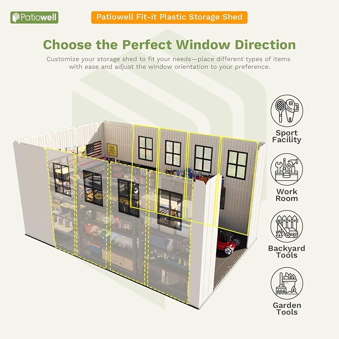 Patiowell 8 x 12 FT Resin Outdoor Storage Shed with Floor, Large Shed with Light and Lockable Door for Garden, Backyard, Tool Storage Use, Easy to Install in Beige (Kick-it Shed)