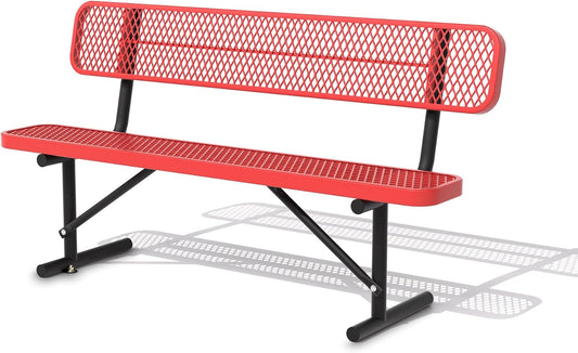 6 Feet Heavy Duty Metal Park Bench for Outside, Outdoor Bench with Backrest & Portable Frame, Commercial Benches for Shopping Malls, Stores, Parks, Patios, Decks, Red