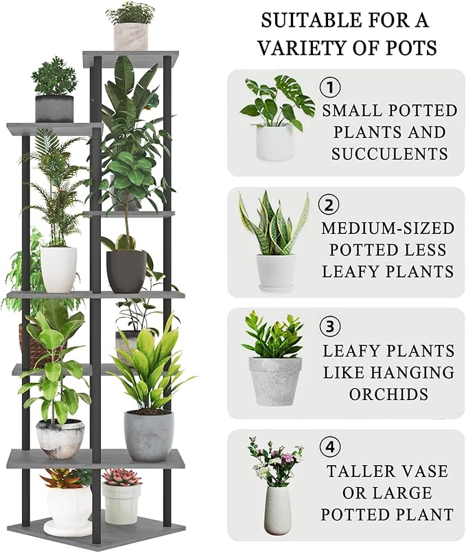 Plant Stand Indoor 7-Tier Metal Wood Plant Shelf for Multiple Flower Pots Corner Tall Flower Holders for Living Room Balcony Bedroom, Oak Grey