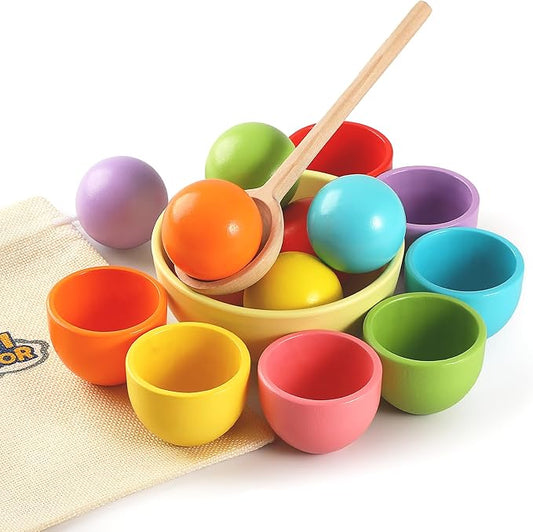 Montessori Larger Ball in Cup Color Sorting Toy for Toddlers Wooden Rainbow Ball Color Matching Toy - 7, 46mm