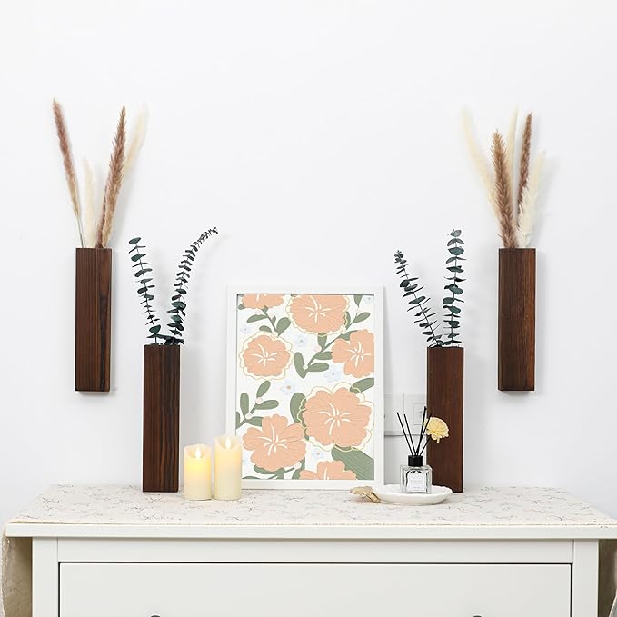 Wood Wall Planter 4 Pack Wall Decor for Artificial Flower Plants Wooden Plants Holders Wall Plant Pocket Vase Hanging for Living Room Bedroom Dining Room Bathroom Indoor Decroation (Dark Brown)