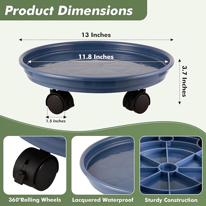 4 Packs Plastic Plant Caddy with Wheels 11.8" Plastic Rolling Plant Stands Heavy-Duty Plant Dolly with Casters Indoor and Outdoor Plant Roller Base Wheels, Blue