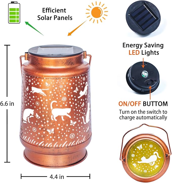 Cat Solar Lanterns Outdoor Waterproof Hanging Solar Lights Cat Gifts for Women Men Metal Decorative LED Cat Lanterns for Garden Decor,Yard,Patio,Lawn,Tabletop,Pathway,Landscape