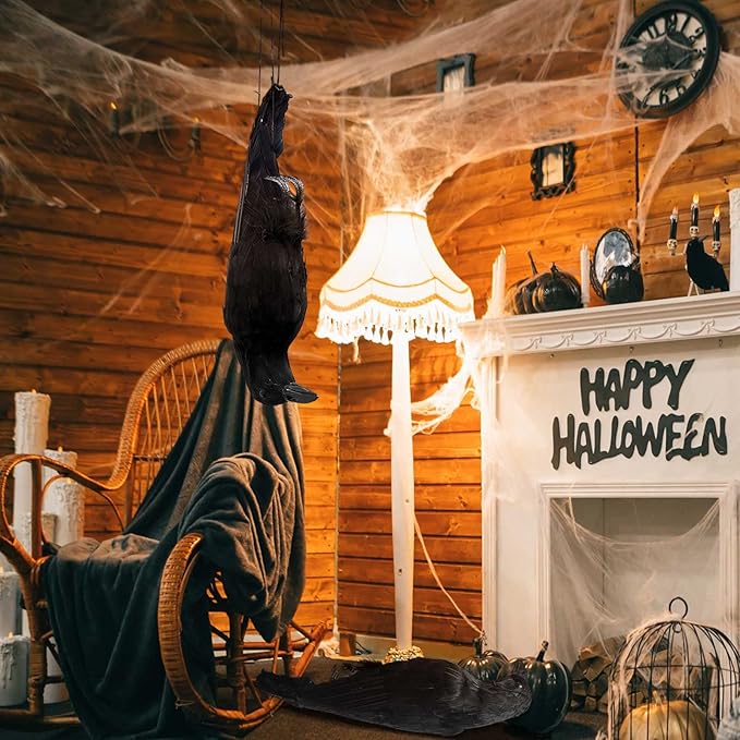 Lewtemi 1 Pcs 17 Inch Realistic Hanging Dead Crows Decoy Life Size Black Feathered Crow Fake Black Crows for Garden Decorations