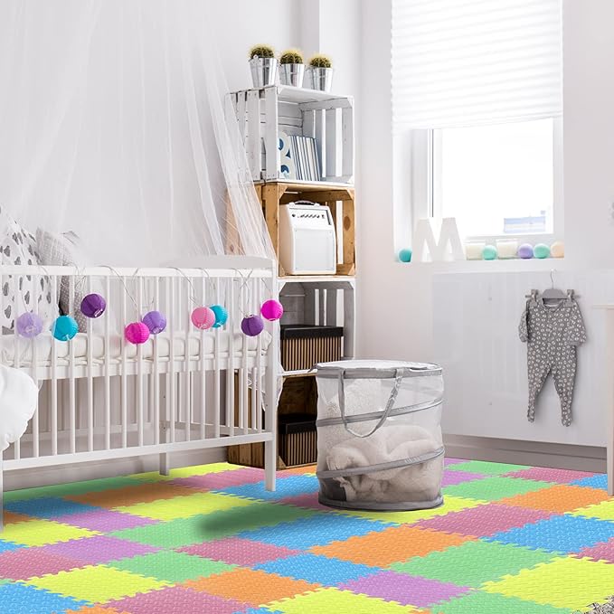 Shihanee Foam Floor Baby Tiles Foam Floor Mats Play Mats Bulk with Borders Interlocking for Kids Baby Playroom Nursery Gym (Colorful,64ft)