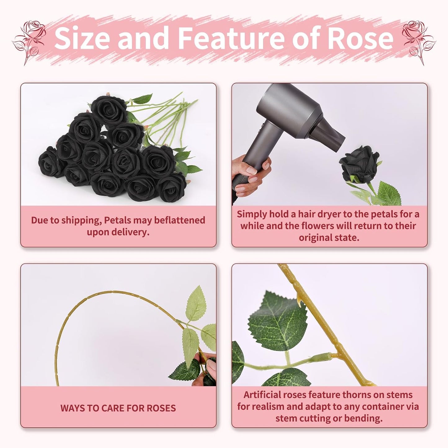 102 PCS Fake Roses Artificial Flowers Bulk, Black Roses Bridal Bouquet Silk Faux Rose with Stems for Wedding Flowers Decoration, Valentine's Day, Bridal Bouquet, Anniversary,Home Decor (102PCS, Black)