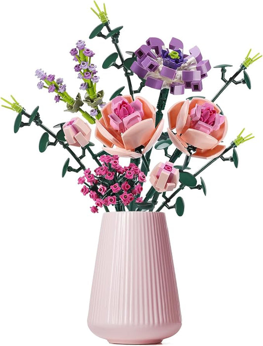 Flower Bouquet Building Blocks Artificial Pink Rose Botanical Collection Bricks Sets Toys Kits Christmas X'Mas Valentine Gifts Birthday Creative Gifts for Adults Mom Girlfriends(413PCS)