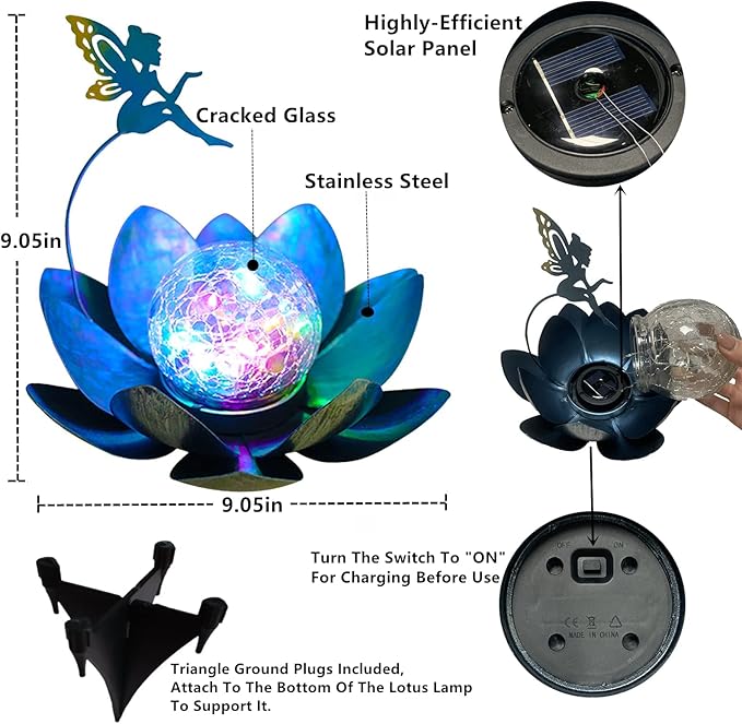 YJFWAL Garden Solar Lights Decorative, Crackle Globe Glass Lotus Flower with Fairy Decor, Metal Lotus Lamp for Garden,Patio,Lawn,Walkway,Tabletop(Multi-Color)