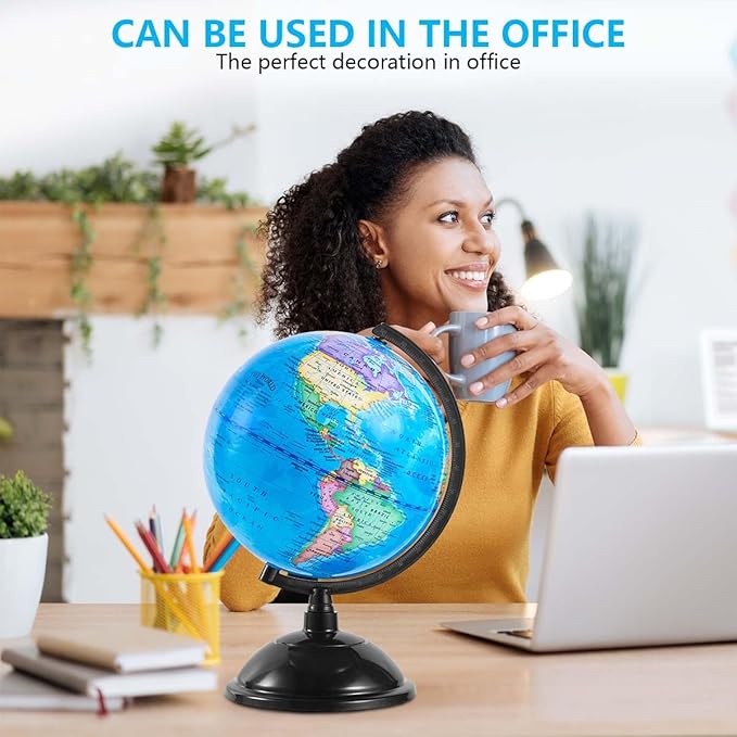 8 Inch World Globe with Stand Rotating Earth Spinning Globe for Kids Geography Classroom Education or Decorations (Blue)