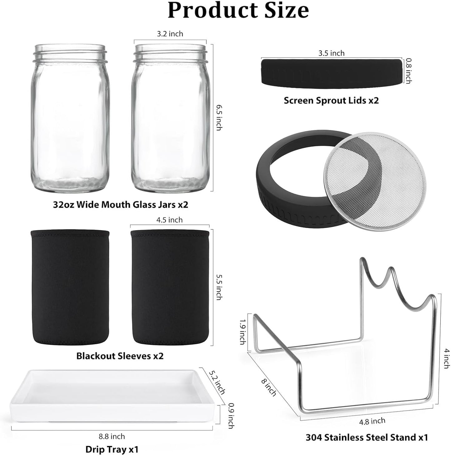 Organic Seed Sprouting Jar Kit – 2 × 32 oz Wide-Mouth Mason Jars with Stainless-Steel Sprouter Lids & Stand, Blackout Sleeves, Drain Tray – Grow Broccoli, Alfalfa & Bean Microgreens