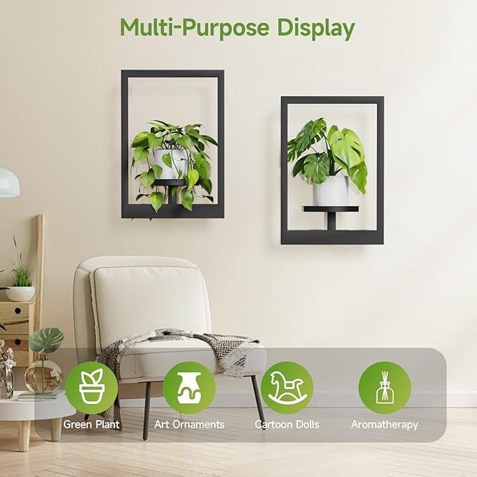 Picture Frame Wall Plant Holder, Metal Window Plant Shelves Plant Holder for Indoor Plants, Hanging Wall Planters Wall-Mounted Plant for Home, Office, and Garden (Black, 2PCS)