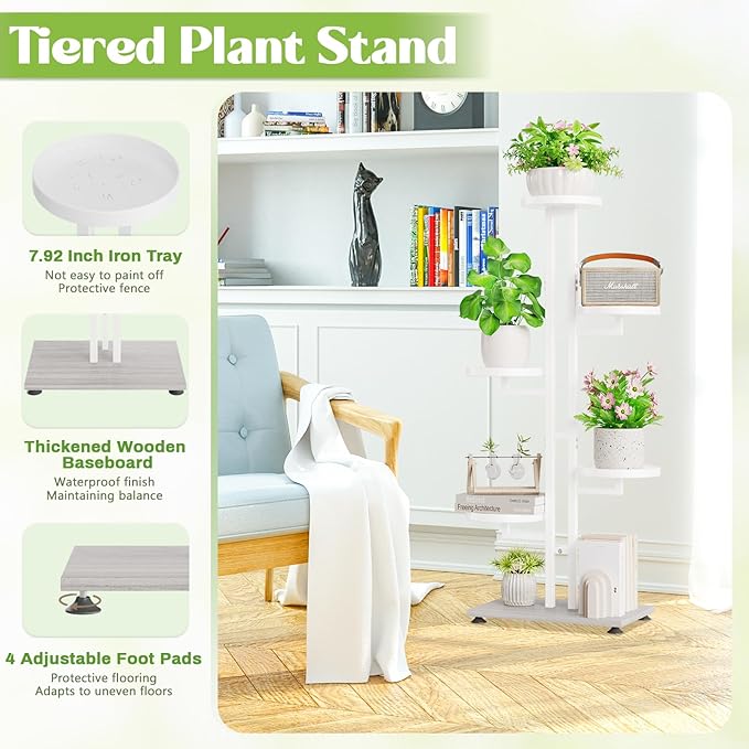 iDavosic.ly 6 Tier Plant Stand Indoor Outdoor, Tiered Corner Multiple Flower Pot Holder Shelf, Metal 40 Inch Tall Display Rack for Patio Porch Living Room Garden Balcony Bedroom, White