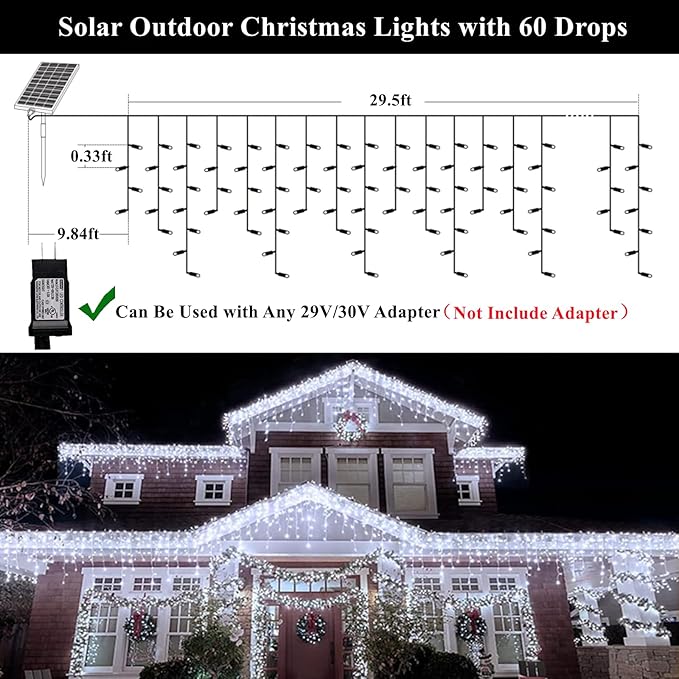Solar Christmas Lights Outdoor Waterproof Christmas Decorations Curtain Lights 320LED 29.5ft 60 Drops, Solar Powered Rechargeable Fairy Lights for Party, Wedding, Home Decorations(White)