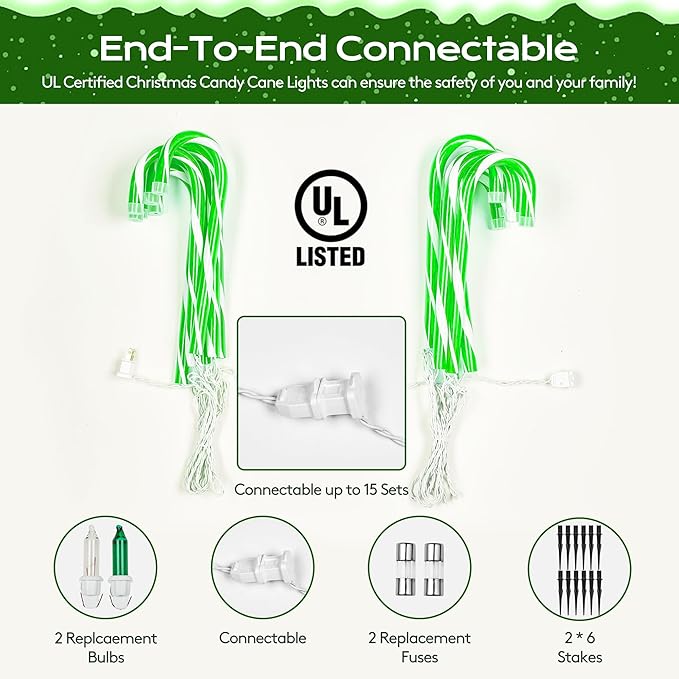 Christmas Candy Cane Lights 12Pcs Christmas Pathway Lights with 72 Count Incandescent Green Lights, Connectable 12 Inch Pathway Makers Lights for Indoor Outdoor Walkway Patio Yard Lawn Decorations