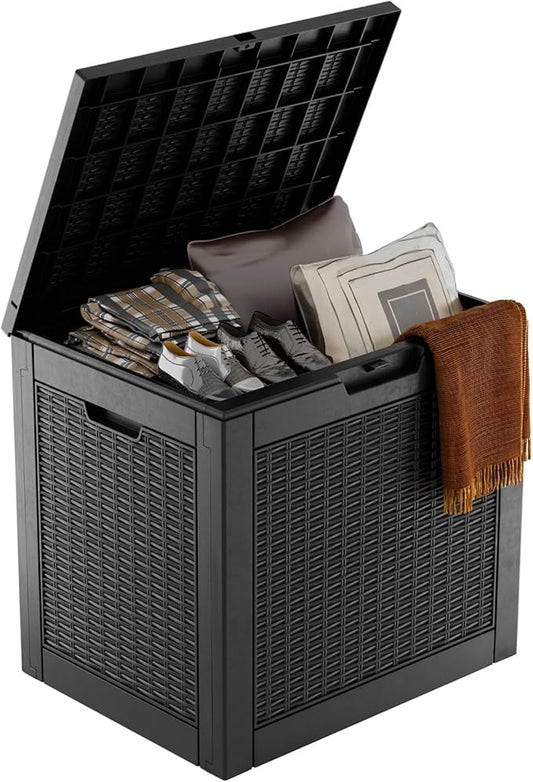 36 Gallon Outdoor Deck Box,Storage Lockable Waterproof Patio Furniture,Garden Tools,Cushions,Pool Accessories Outside Storage Resin Box(Black Pattern)