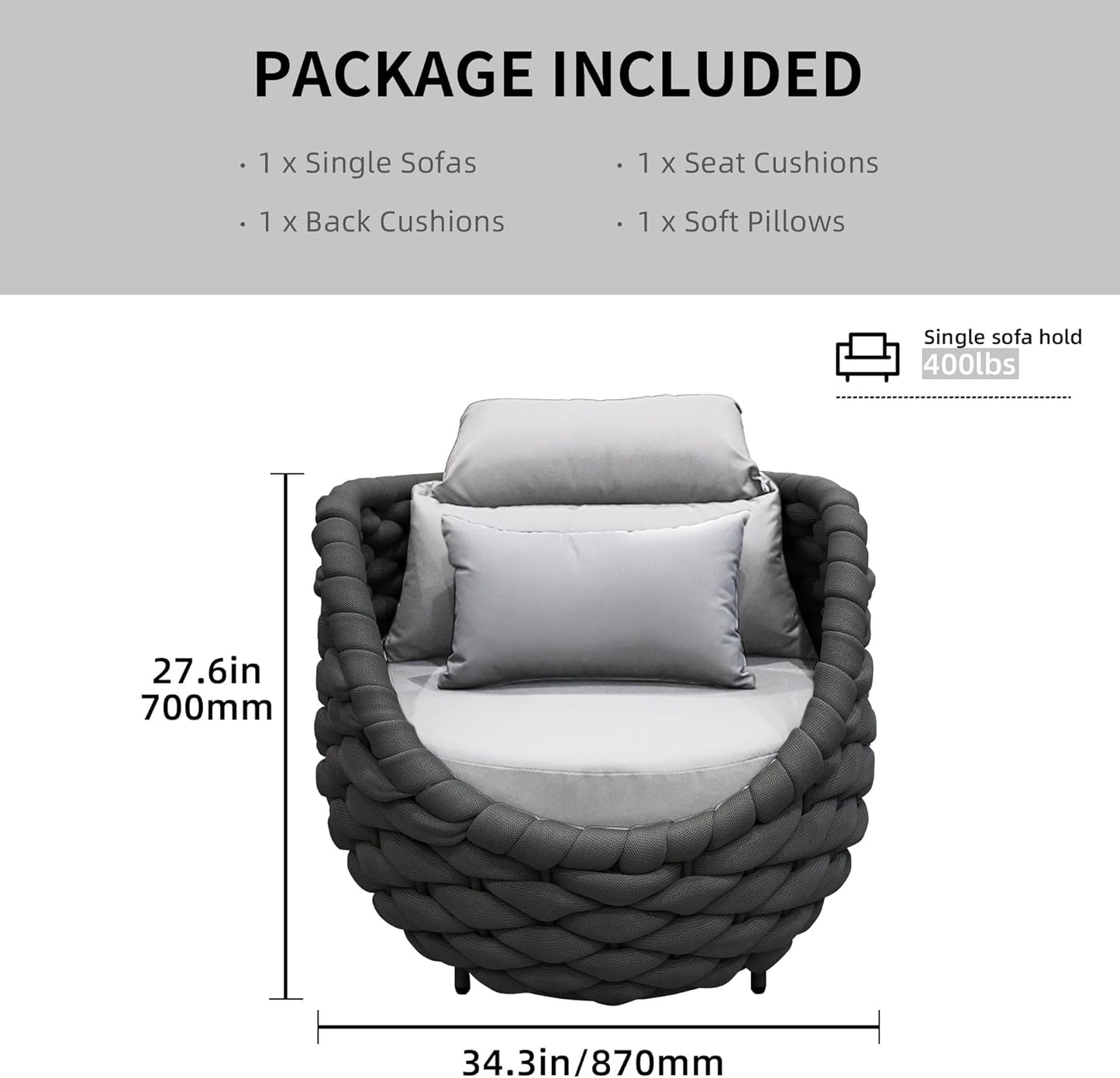 TWT Patio Sofa Set of 2 All-Weather Polyester Rope Balcony Furniture with Cushions & Pillows,Metal Armchairs Outdoor Patio Furniture Set for Indoor, Balcony, Backyard, Deck, Poolside, Cream