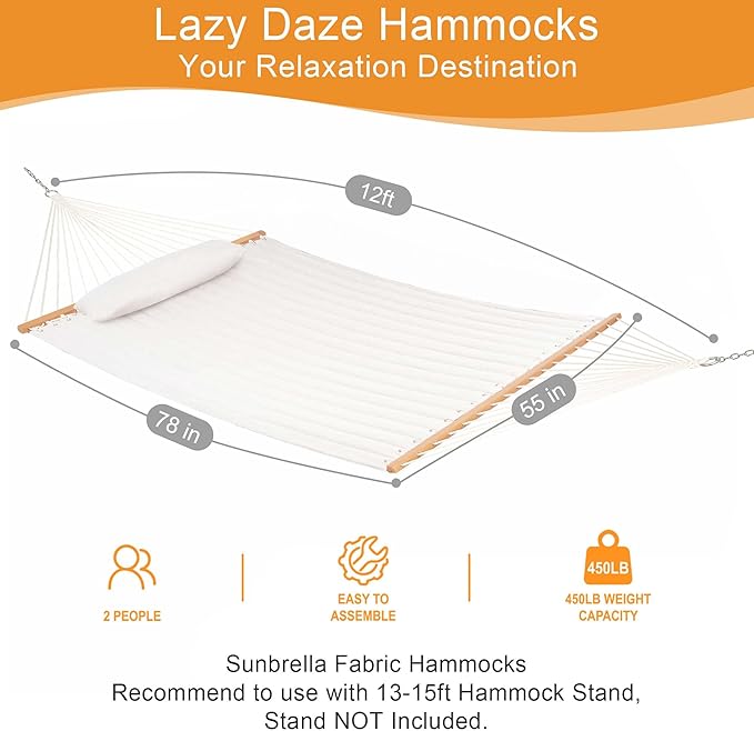 Lazy Daze 12 FT Sunbrella Quilted Double Hammock with Hardwood Spreader Bar, 450 lbs Capacity, Cream