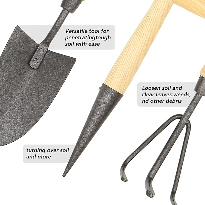 Japanese Gardening Tools Set, 3 Pcs Garden Tools Set, Nickel Plated Stainless Steel Heavy Duty Gardening Tools Kit, Hand Trowel, Dibble and Hand Rake