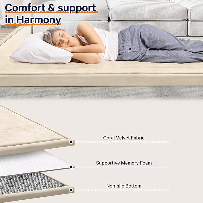 Baby Play Mat for Floor Tummy Time Mat Nursery Rug Muscle Mat Area Rug Playroom Rug Tatami Mat 9'2"x6'7" Memory Foam 1.3" Thick Crawling Mat for Babies,Toddlers, Infants, Kids,Floor Mat(Beige)