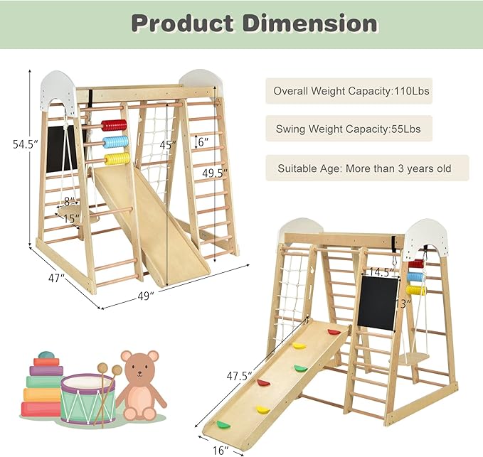 Costzon Indoor Jungle Gym, 8-in-1 Montessori Beech Wood Climbing Toys for Toddlers w/Double-Sided Slide, Climbing Rock/Net, Indoor Playground Climber Playset for Kids 3+ Years Birthday