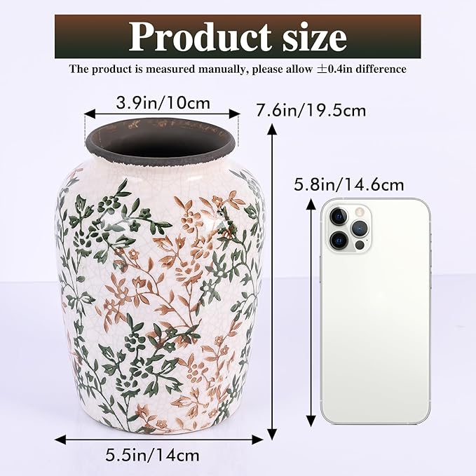 Vintage Vase for Flowers,Green Chinoiserie Ceramic Vase,Rustic Farmhouse Cracked Vases,for Flower Arrangement,Living Room, Office, Shelf, Fireplace Tables,Centerpieces,Chinoiserie Pottery Decor(D)